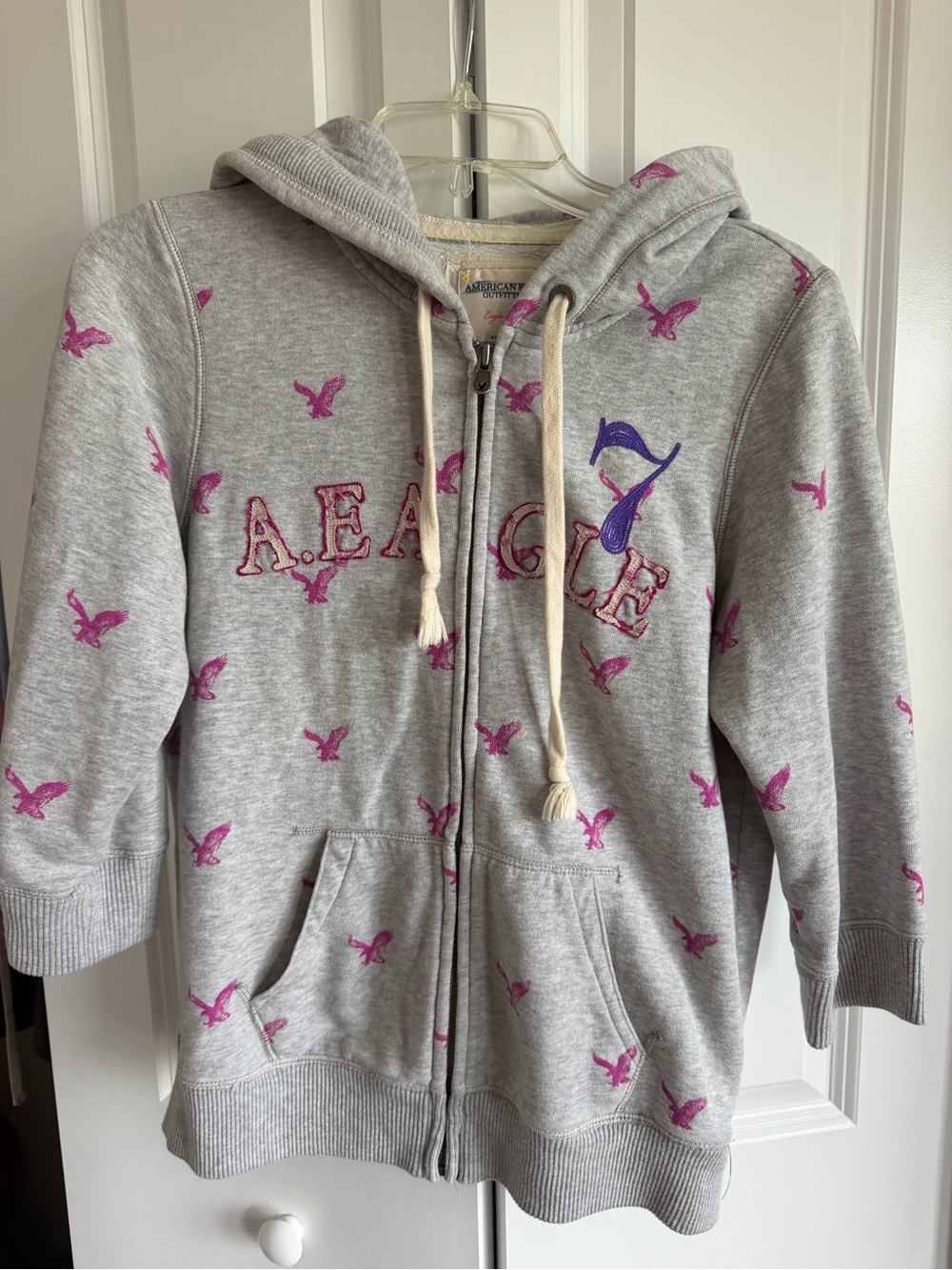 American Eagle Outfitters Gray Hoodie with Pink Logo Birds
